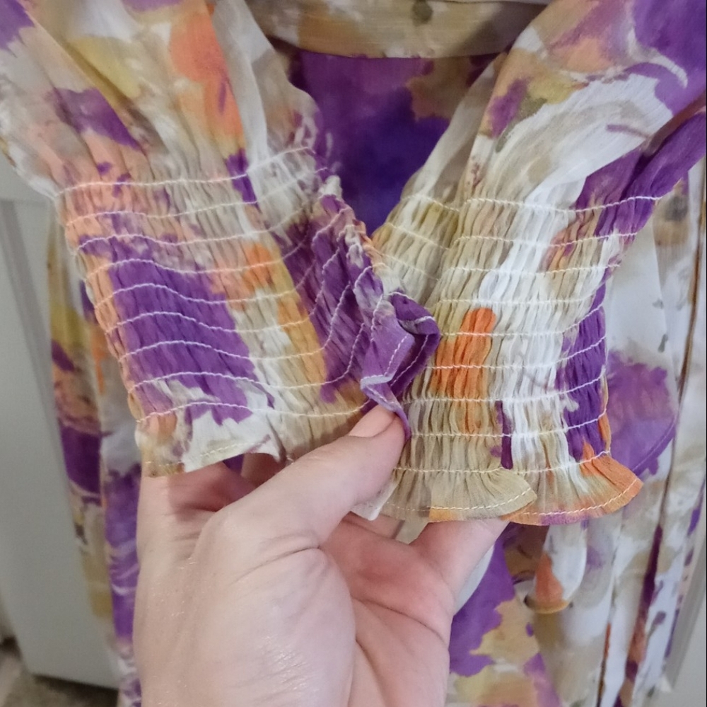 💜Taylor💜 - Purple/Peach/Cream Floral Chiffon Ruffle L/S V-Neck Midi Dress - Picture 11 of 16